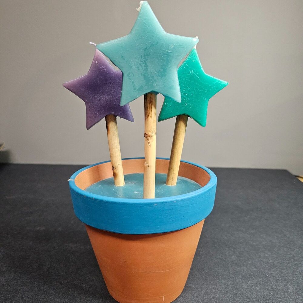 Star Candles in Terra Cotta Pot Vtg 1990s Blue Green Purple New Unused